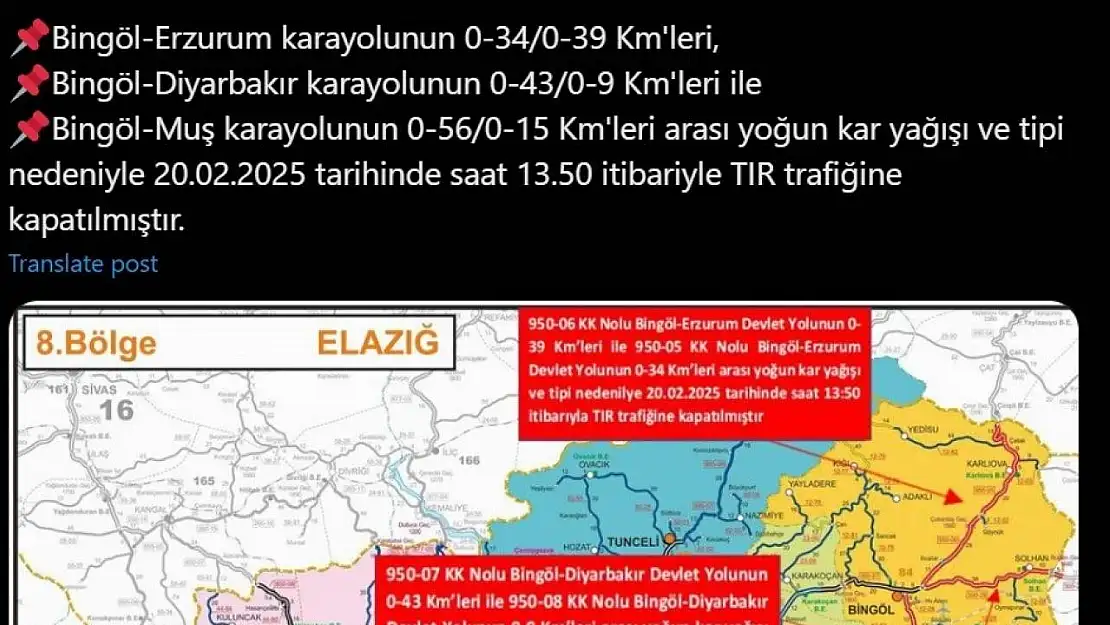 Bingöl'de kar ve soğuk hava etkisini artırdı: Tır trafiğine kısıtlama getirildi