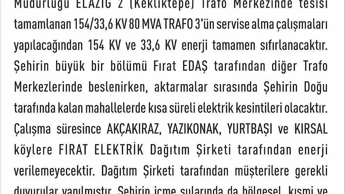 Elazığ'da elektrik kesintisi yaşanacak