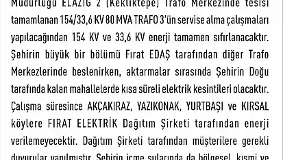 Elazığ'da elektrik kesintisi yaşanacak