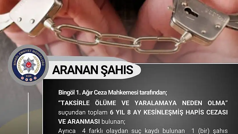 Bingöl'de 6 yıl 8 ay kesinleşmiş hapis cezası bulunan şahıs yakalandı