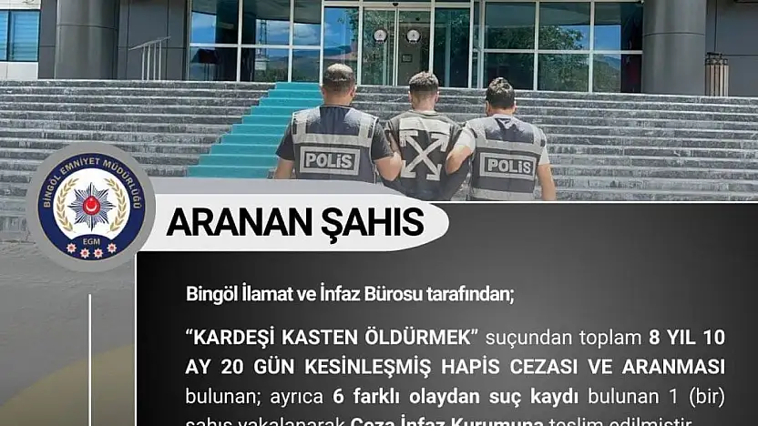 Bingöl'de 8 yıl kesinleşmiş hapis cezası bulunan zanlı yakalandı