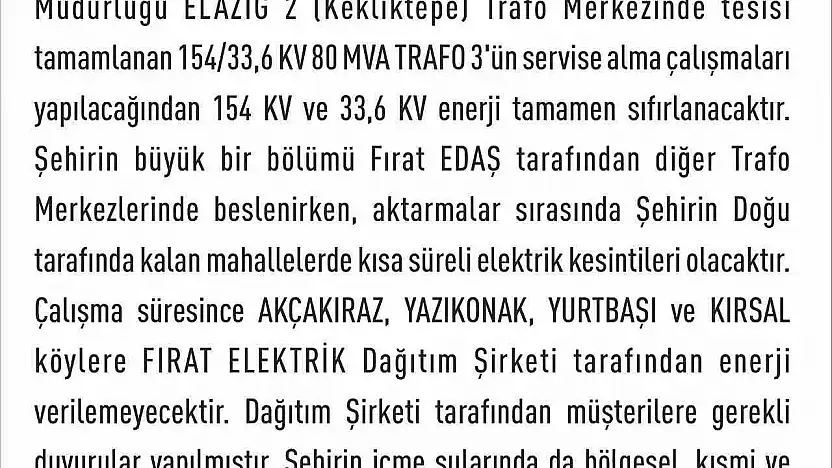 Elazığ'da elektrik kesintisi yaşanacak